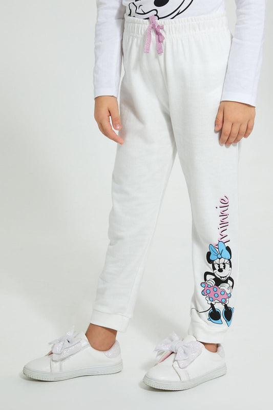 Redtag-Cream-Minnie-Print-Track-Joggers-Girls-2 to 8 Years
