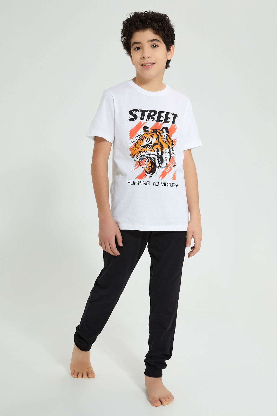 Redtag-White-Tiger-Night-Suit-Pyjama-Sets-Senior-Boys-9 to 14 Years