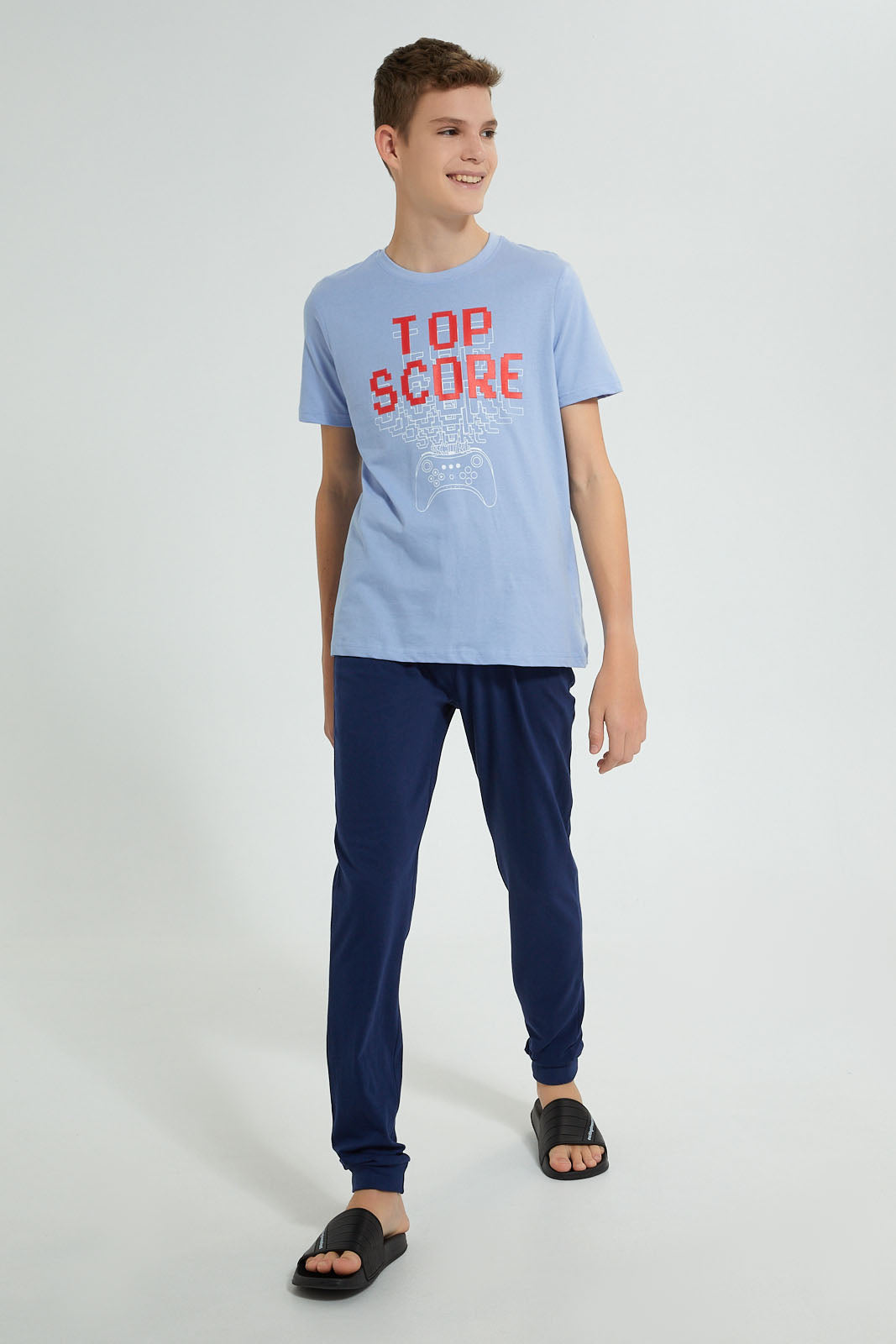 Redtag-Blue-Top-Scorer-3Pc-Night-Suit-Pyjama-Sets-Senior-Boys-9 to 14 Years