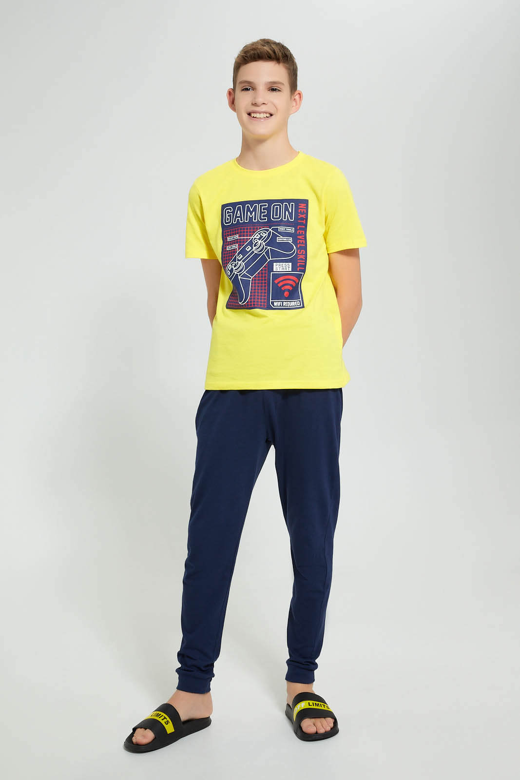 Redtag-Yellow-Game-On-Night-Suit-Pyjama-Sets-Senior-Boys-9 to 14 Years
