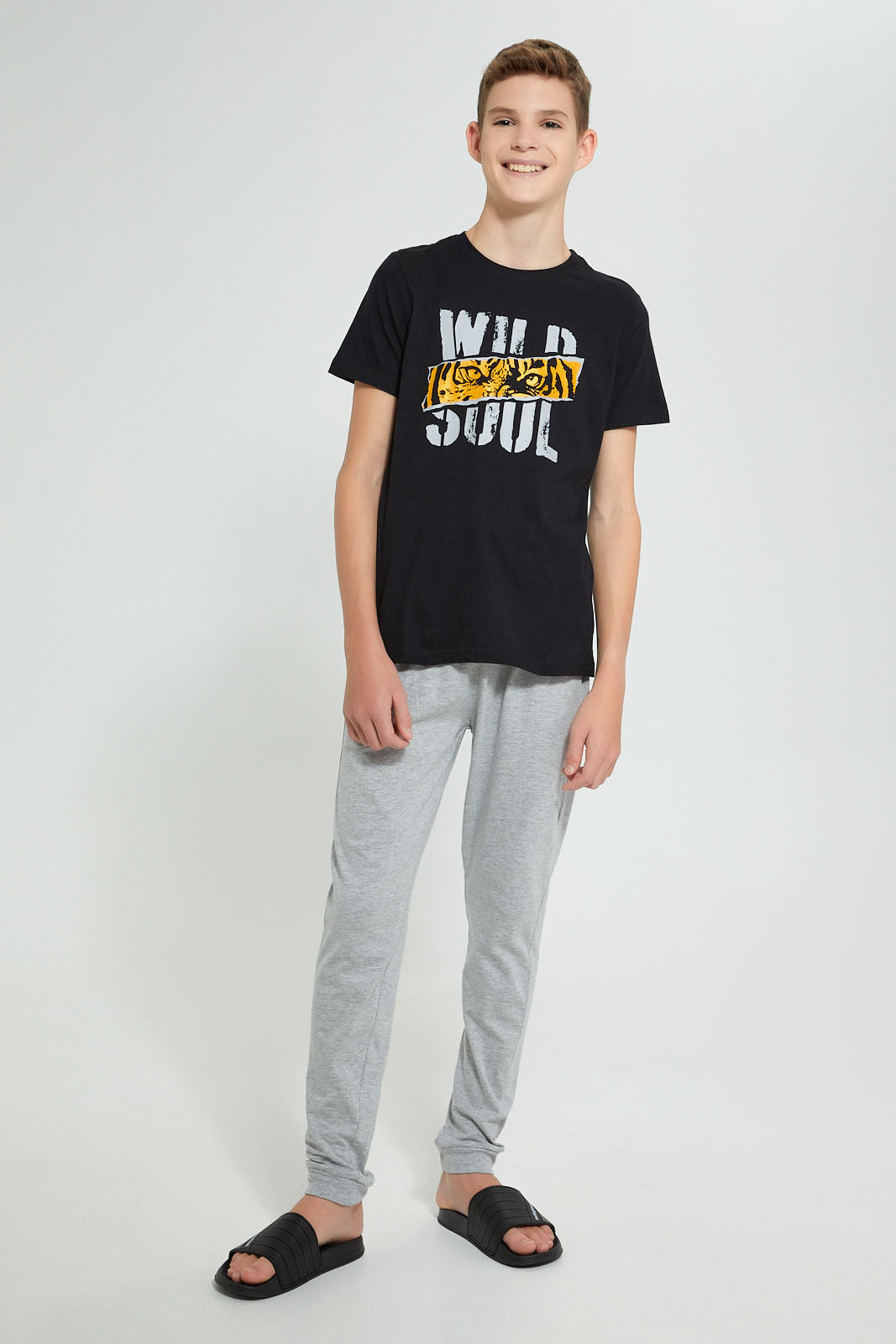 Redtag-Black-Wild-Soul-Night-Suit-Pyjama-Sets-Senior-Boys-9 to 14 Years