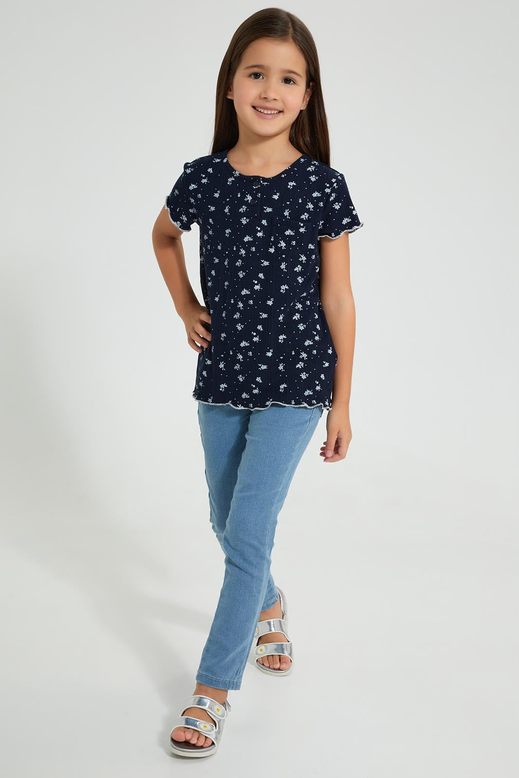 Redtag-Navy-Floral-Print-Drop-Needle-Fabric-T-Shirt-Plain-Girls-2 to 8 Years
