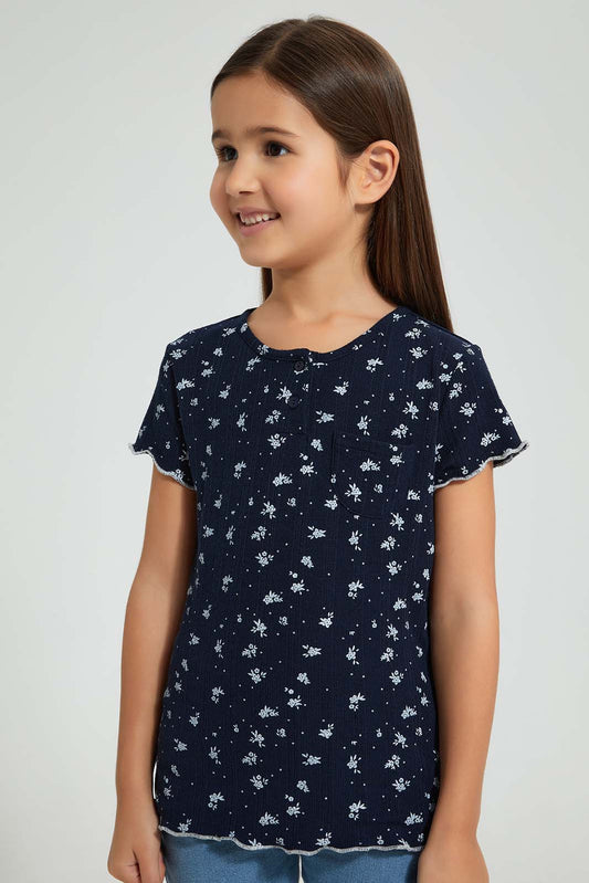 Redtag-Navy-Floral-Print-Drop-Needle-Fabric-T-Shirt-Plain-Girls-2 to 8 Years