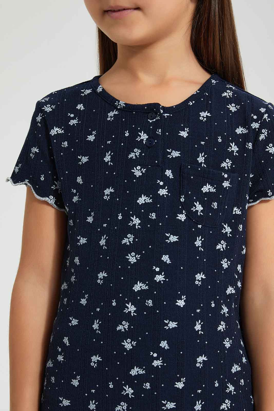 Redtag-Navy-Floral-Print-Drop-Needle-Fabric-T-Shirt-Plain-Girls-2 to 8 Years