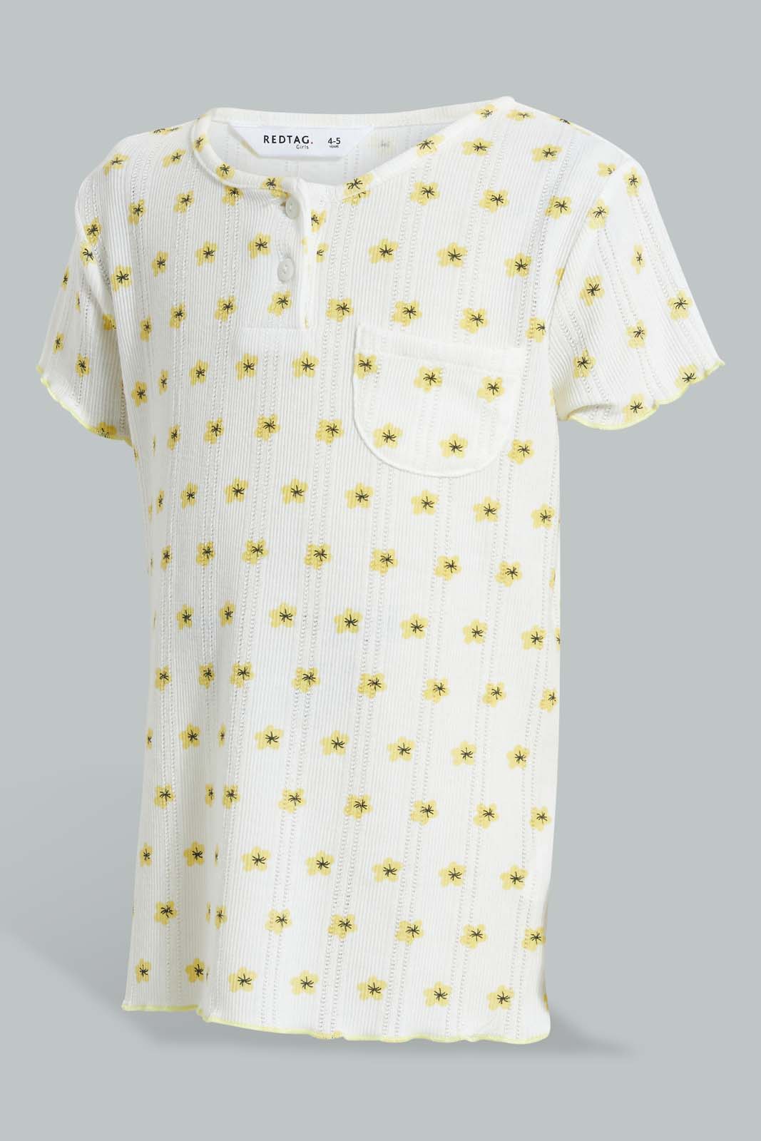 Redtag-Yellow-Floral-Print-Drop-Needle-Fabric-Tee-Blouses-Girls-2 to 8 Years