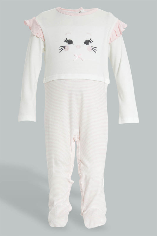 Redtag-White-And-Pink-Kitten-Face-Cut-&-Sewn-Sleepsuit-Sleepsuits-Baby-0 to 12 Months