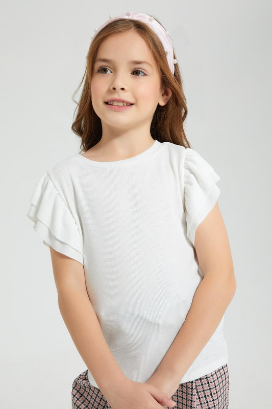 Redtag-White-Rib-Fabric-Frill-Sleeve-T-Shirt-Colour:White,-Filter:Girls-(2-to-8-Yrs),-Girls-T-Shirts,-New-In,-New-In-GIR,-Non-Sale,-S22B,-Section:Kidswear,-TBL-Girls-2 to 8 Years