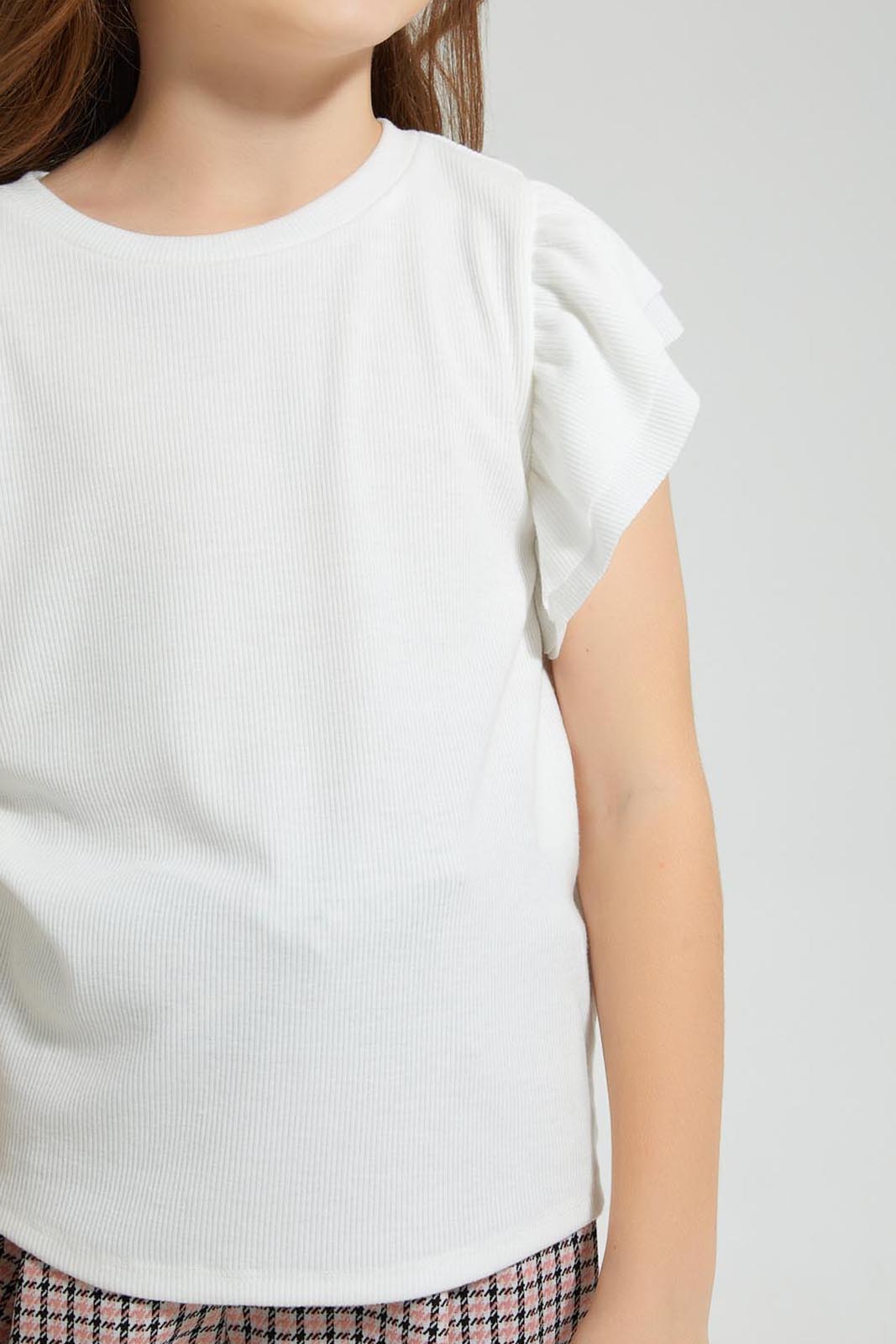 Redtag-White-Rib-Fabric-Frill-Sleeve-T-Shirt-Colour:White,-Filter:Girls-(2-to-8-Yrs),-Girls-T-Shirts,-New-In,-New-In-GIR,-Non-Sale,-S22B,-Section:Kidswear,-TBL-Girls-2 to 8 Years