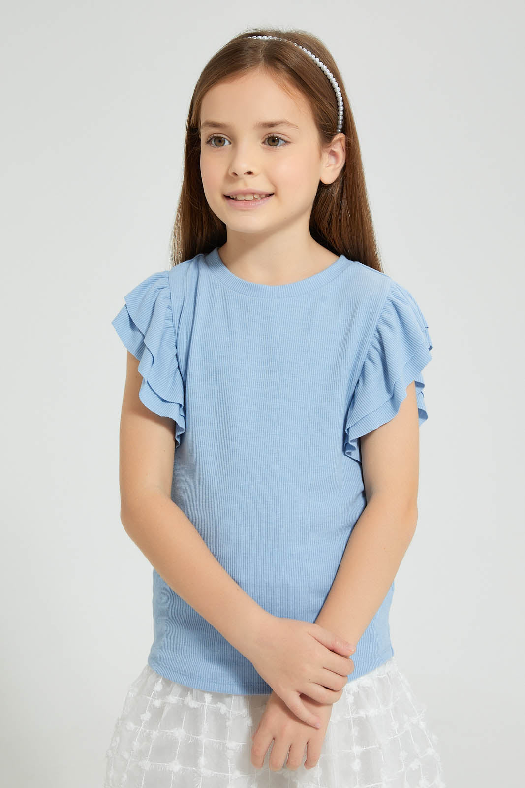 Redtag-Sky-Blue-Rib-Fabric-Frill-Sleeve-T-Shirt-Colour:Sky-Blue,-Filter:Girls-(2-to-8-Yrs),-Girls-T-Shirts,-New-In,-New-In-GIR,-Non-Sale,-S22B,-Section:Kidswear,-TBL-Girls-2 to 8 Years