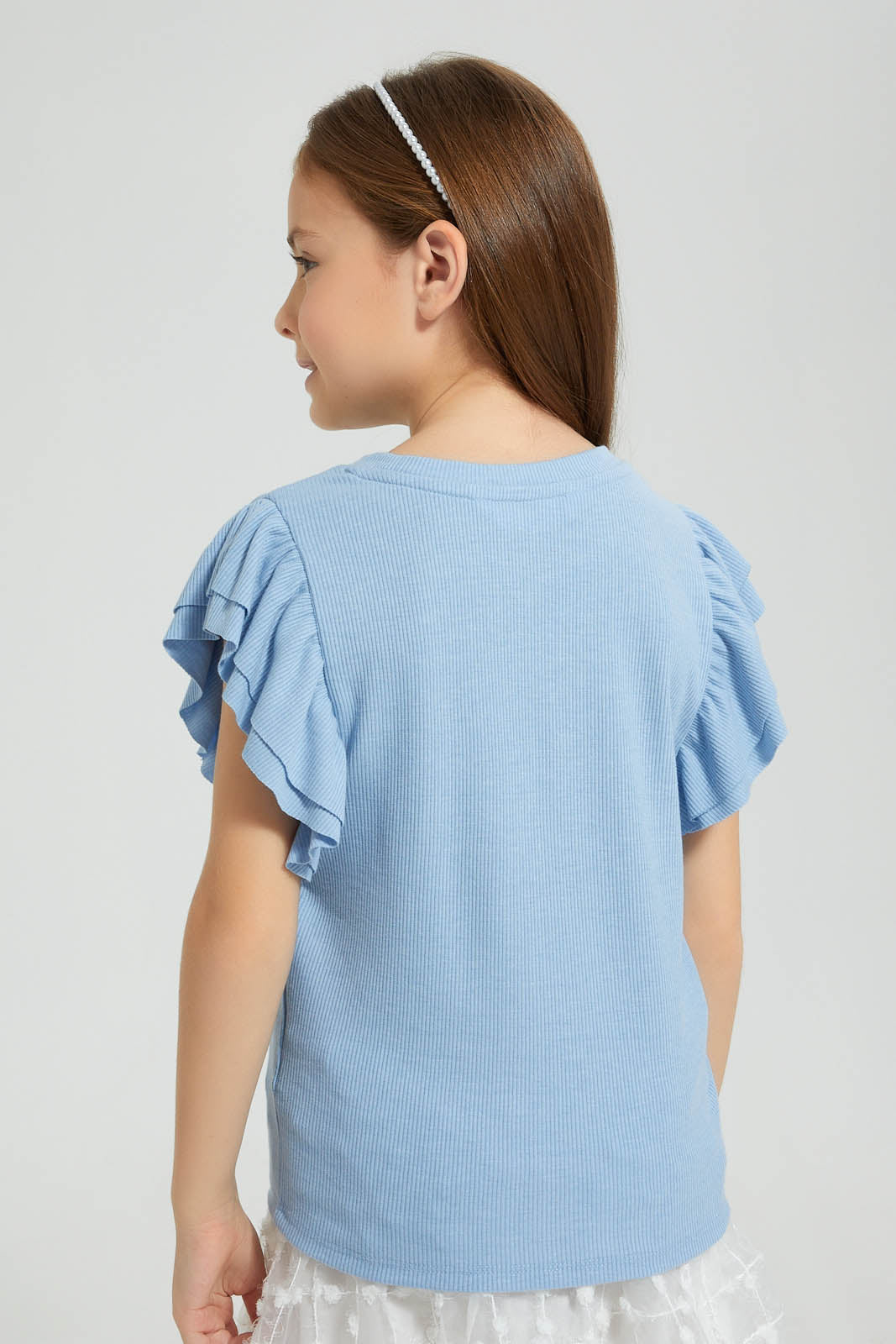 Redtag-Sky-Blue-Rib-Fabric-Frill-Sleeve-T-Shirt-Colour:Sky-Blue,-Filter:Girls-(2-to-8-Yrs),-Girls-T-Shirts,-New-In,-New-In-GIR,-Non-Sale,-S22B,-Section:Kidswear,-TBL-Girls-2 to 8 Years