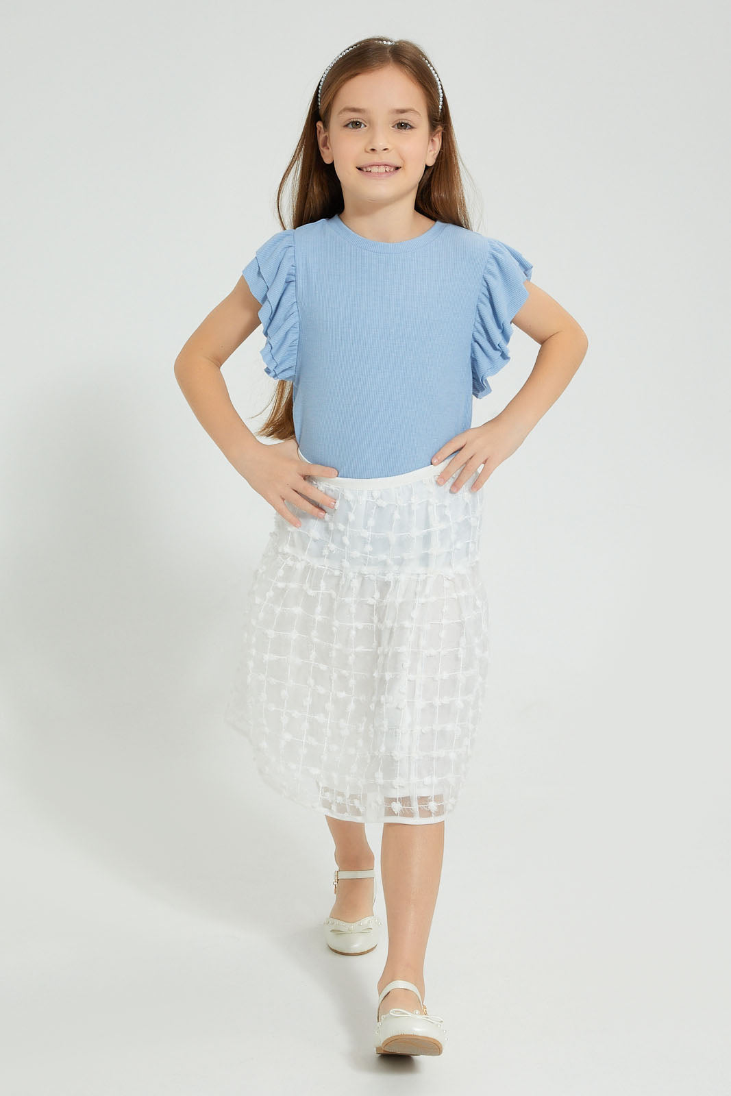 Redtag-Sky-Blue-Rib-Fabric-Frill-Sleeve-T-Shirt-Colour:Sky-Blue,-Filter:Girls-(2-to-8-Yrs),-Girls-T-Shirts,-New-In,-New-In-GIR,-Non-Sale,-S22B,-Section:Kidswear,-TBL-Girls-2 to 8 Years