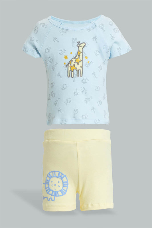 Redtag-Blue-And-Yellow-Lion-T-Shirt-&-Shorts-Set-Colour:Blue,-Filter:Baby-(0-to-12-Mths),-NBF-Sleepsuits,-New-In,-New-In-NBF,-Non-Sale,-S22B,-Section:Kidswear-Baby-0 to 12 Months