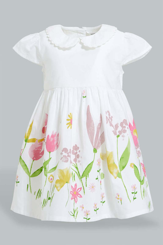 Redtag-Colar-Floral-Printed-Hem-Colour:White,-Filter:Infant-Girls-(3-to-24-Mths),-Infant-Girls-Dresses,-New-In,-New-In-ING,-Non-Sale,-S22B,-Section:Kidswear-Infant-Girls-3 to 24 Months
