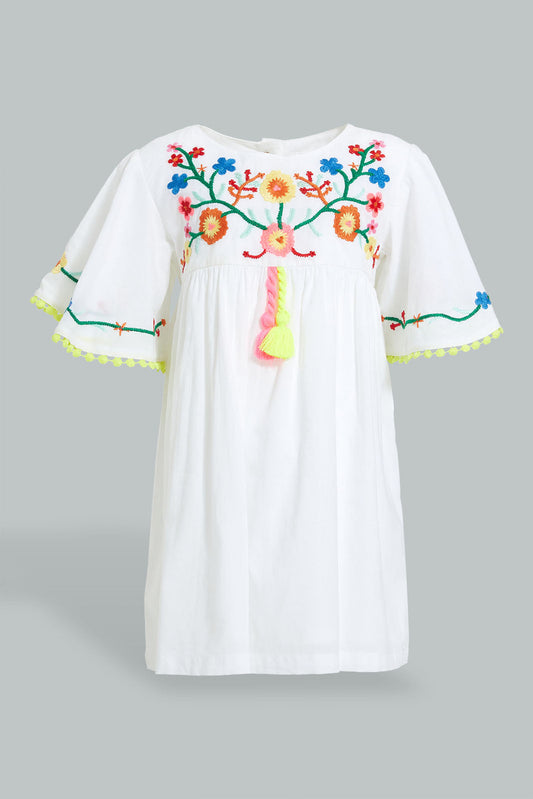 Redtag-White-Embroideredroidered-Yoke-With-Flutter-Sleeves-Dresses-Infant-Girls-3 to 24 Months
