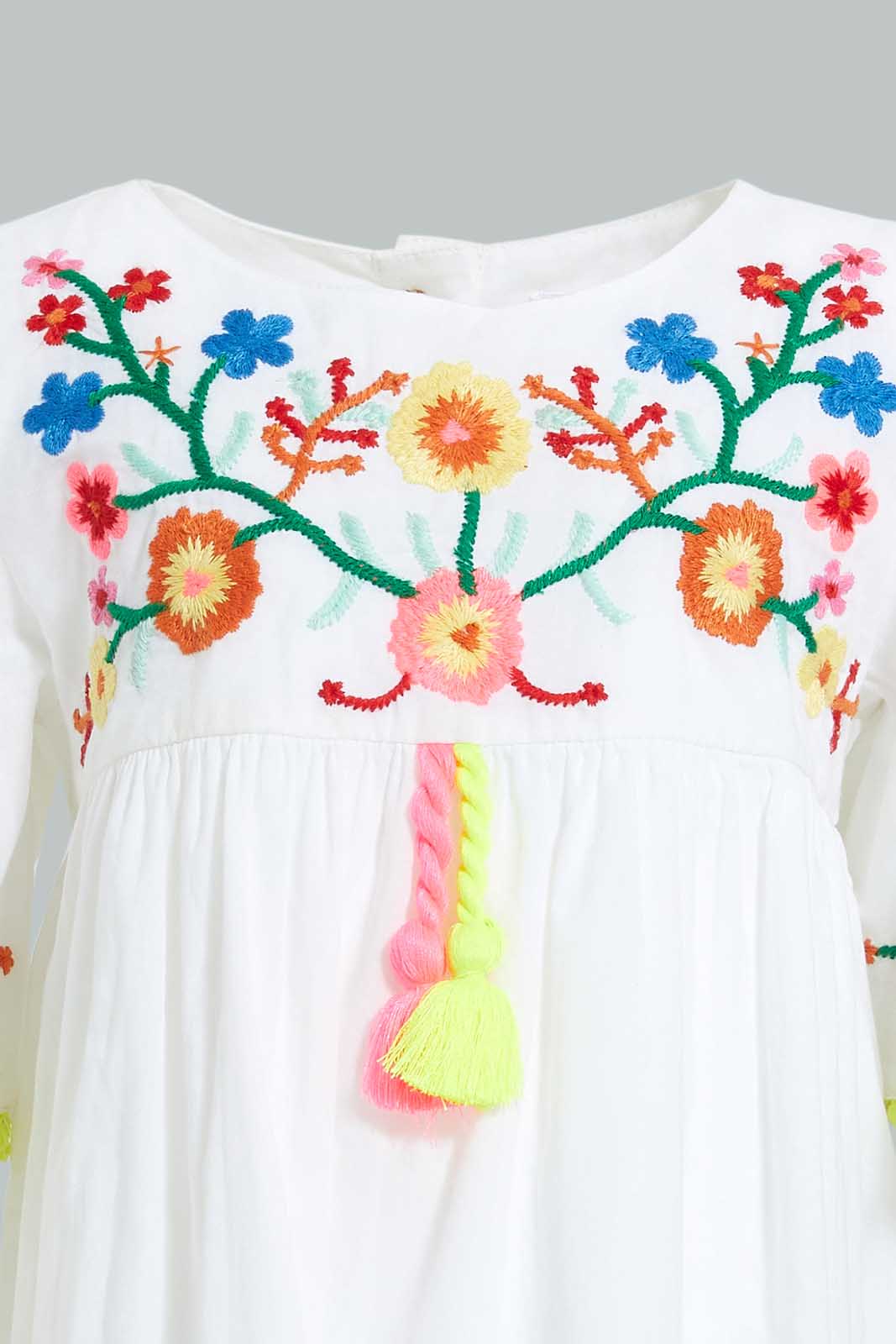 Redtag-White-Embroideredroidered-Yoke-With-Flutter-Sleeves-Dresses-Infant-Girls-3 to 24 Months