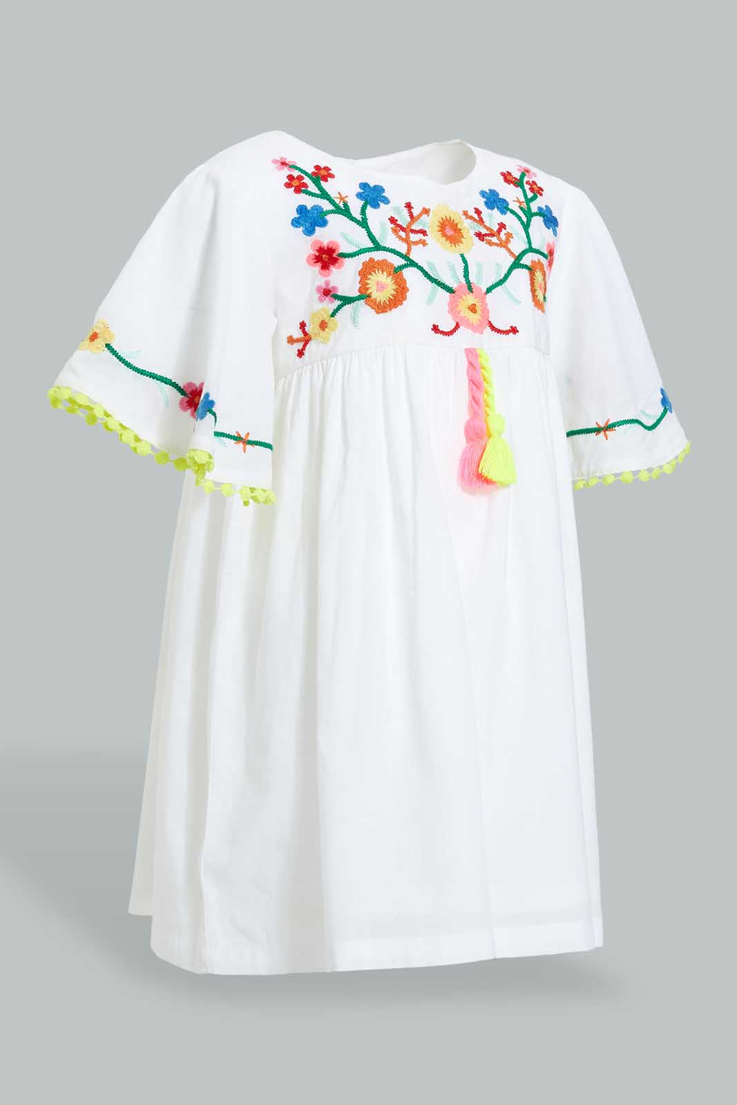 Redtag-White-Embroideredroidered-Yoke-With-Flutter-Sleeves-Dresses-Infant-Girls-3 to 24 Months