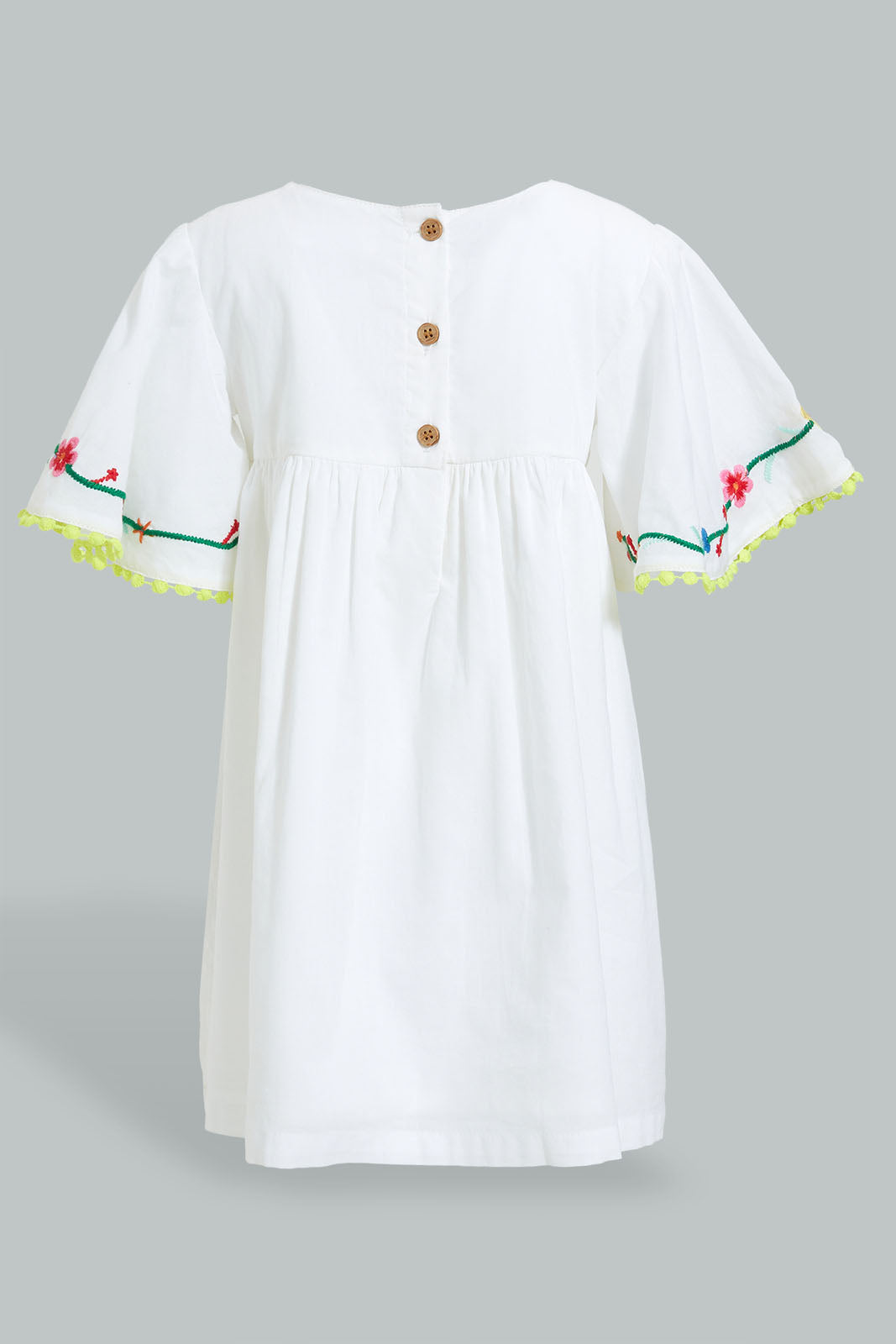 Redtag-White-Embroideredroidered-Yoke-With-Flutter-Sleeves-Dresses-Infant-Girls-3 to 24 Months