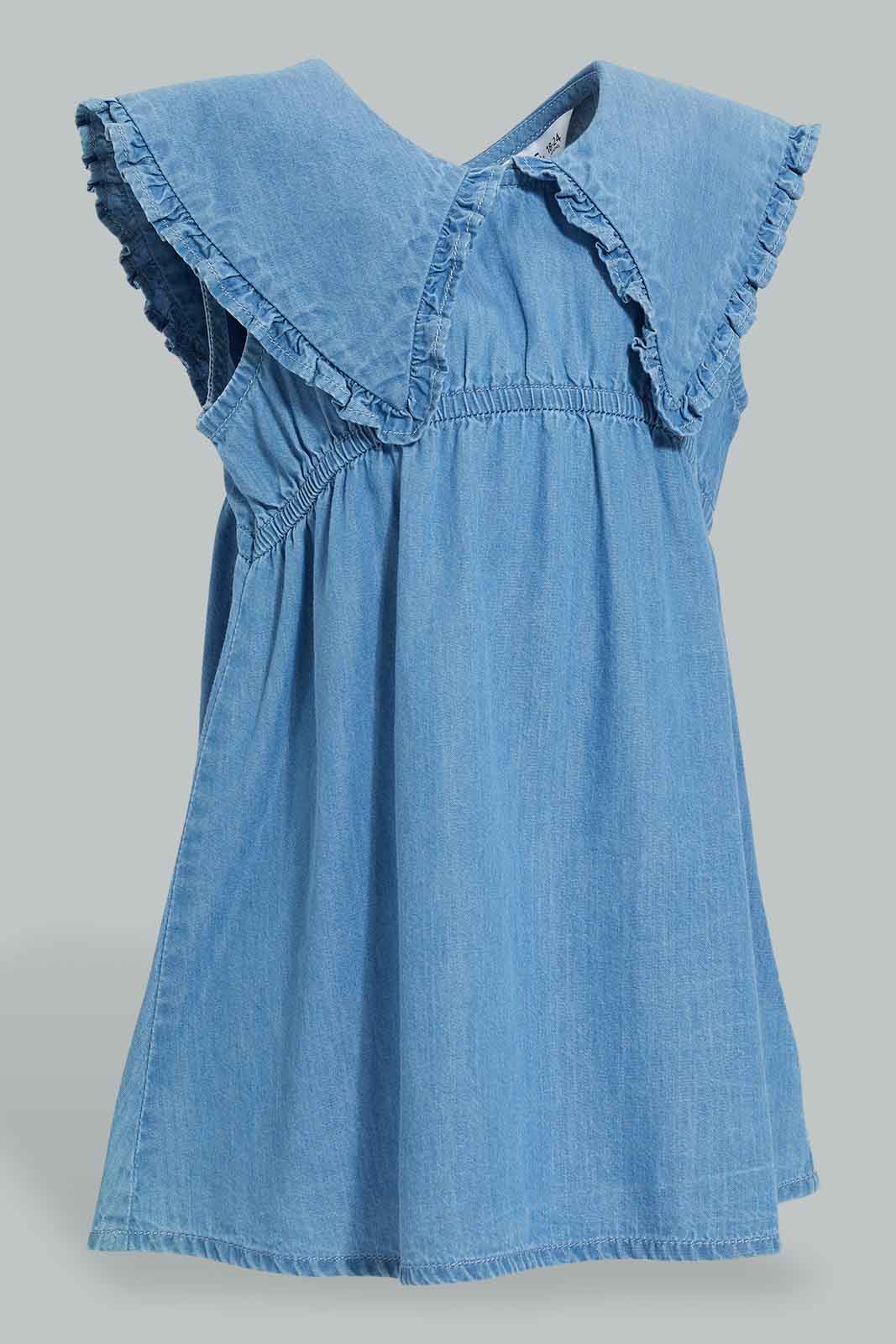 Redtag-Blue-Bib-Collar-Denim-Dress-Dresses-Infant-Girls-3 to 24 Months