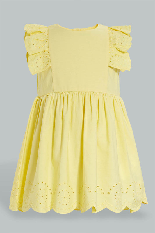 Redtag-Yellow-Schiffli-Tank-Straps-With-Ruffle-Sleeve-And-Scallop-Hem-Dresses-Infant-Girls-3 to 24 Months