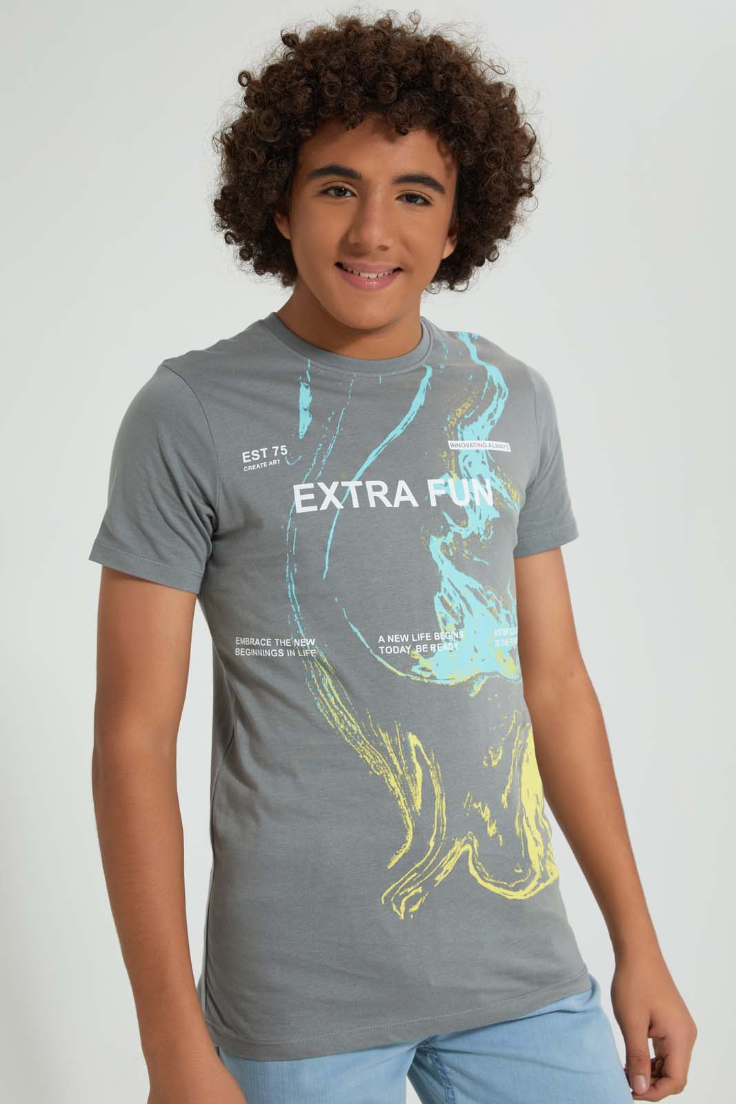 Redtag-Grey-Extra-Fun-T-Shirt-All-Over-Prints-Senior-Boys-9 to 14 Years