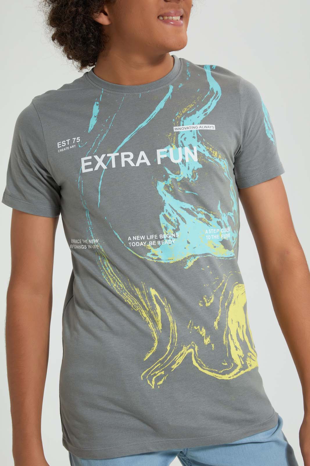 Redtag-Grey-Extra-Fun-T-Shirt-All-Over-Prints-Senior-Boys-9 to 14 Years