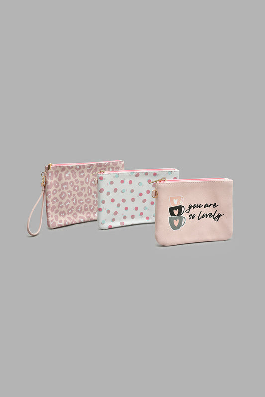 Pink And White Printed Cosmetic Pouch (3 Piece)