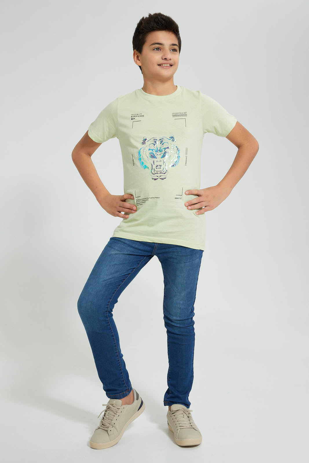 Redtag-Lion-Face-Foil-Print-T-Shirt-All-Over-Prints-Senior-Boys-9 to 14 Years