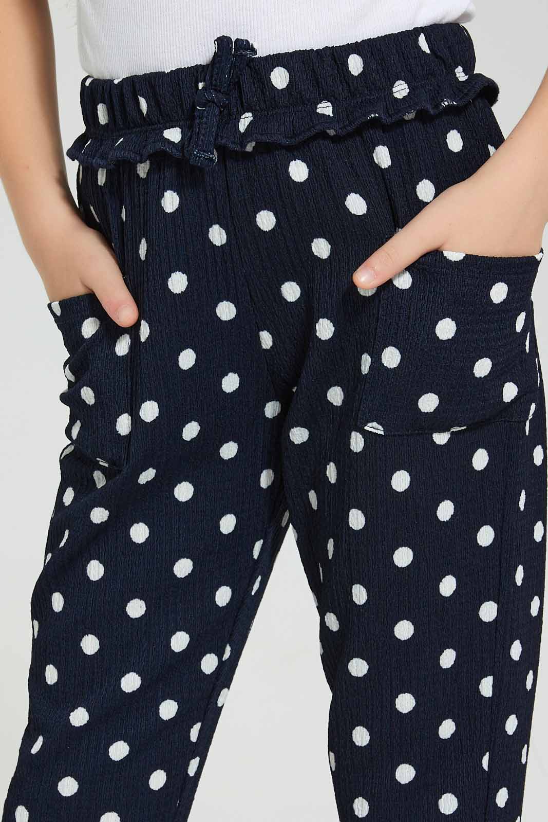 Redtag-Navy-Printed-Spots-Trouser-Colour:Navy,-Filter:Girls-(2-to-8-Yrs),-Girls-Trousers,-New-In,-New-In-GIR,-Non-Sale,-S22B,-Section:Kidswear,-TBL-Girls-2 to 8 Years