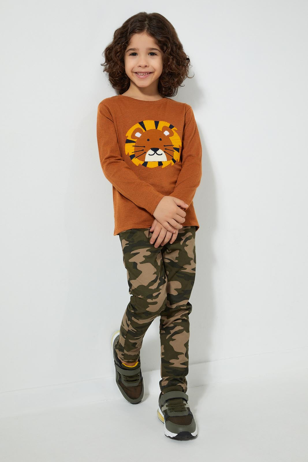 Redtag-Brown-Lion-Applique-Long-Sleeve-T-Shirt-Embellished-Boys-2 to 8 Years