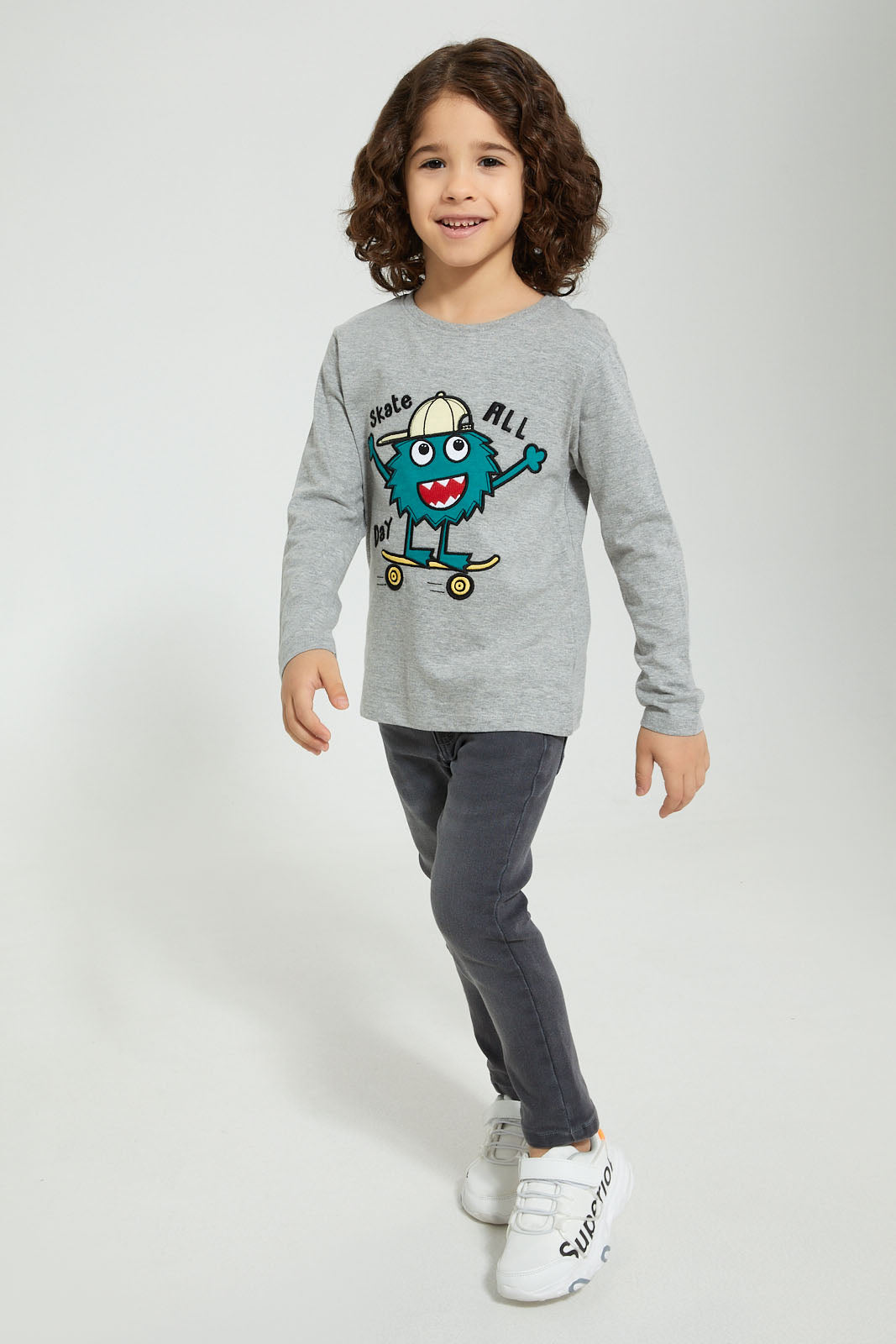 Redtag-Grey-Monster-Applique-Long-Sleeve-T-Shirt-Embellished-Boys-2 to 8 Years