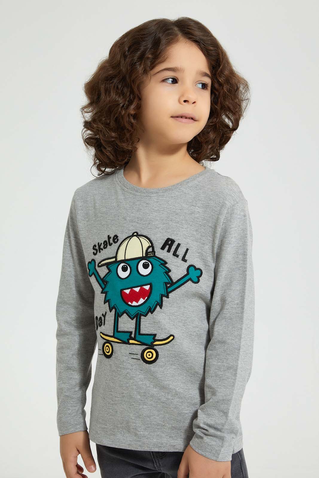Redtag-Grey-Monster-Applique-Long-Sleeve-T-Shirt-Embellished-Boys-2 to 8 Years