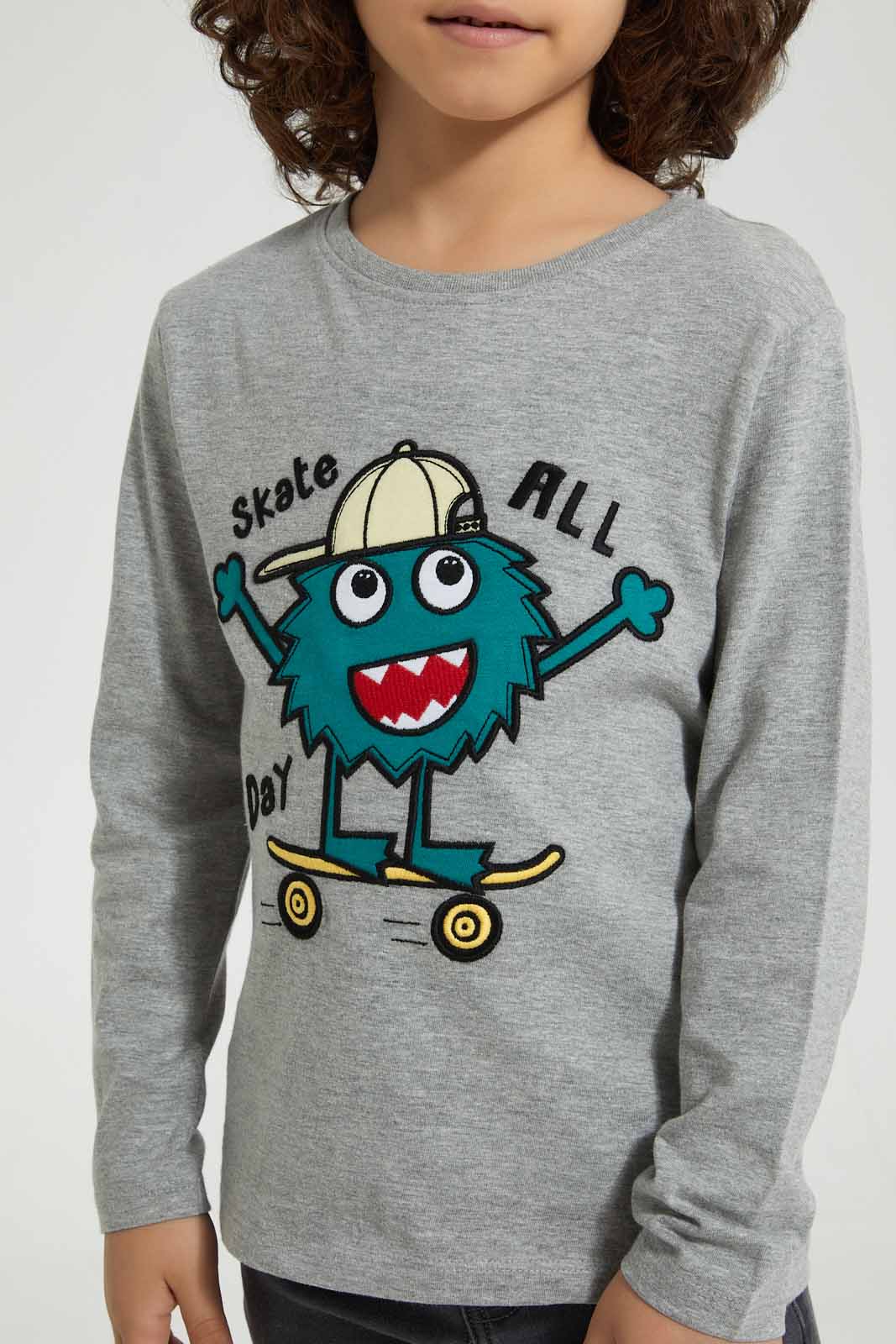 Redtag-Grey-Monster-Applique-Long-Sleeve-T-Shirt-Embellished-Boys-2 to 8 Years