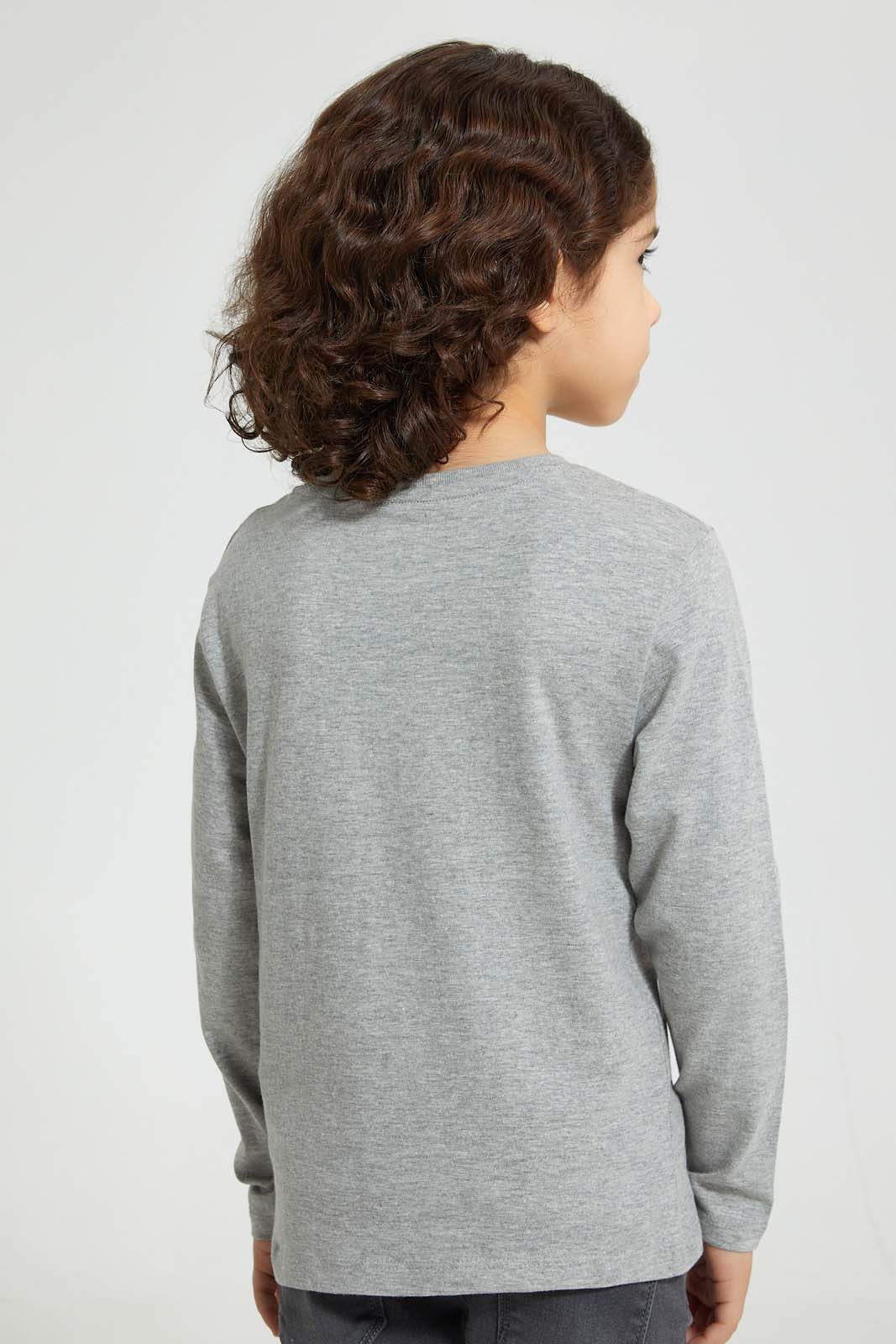 Redtag-Grey-Monster-Applique-Long-Sleeve-T-Shirt-Embellished-Boys-2 to 8 Years