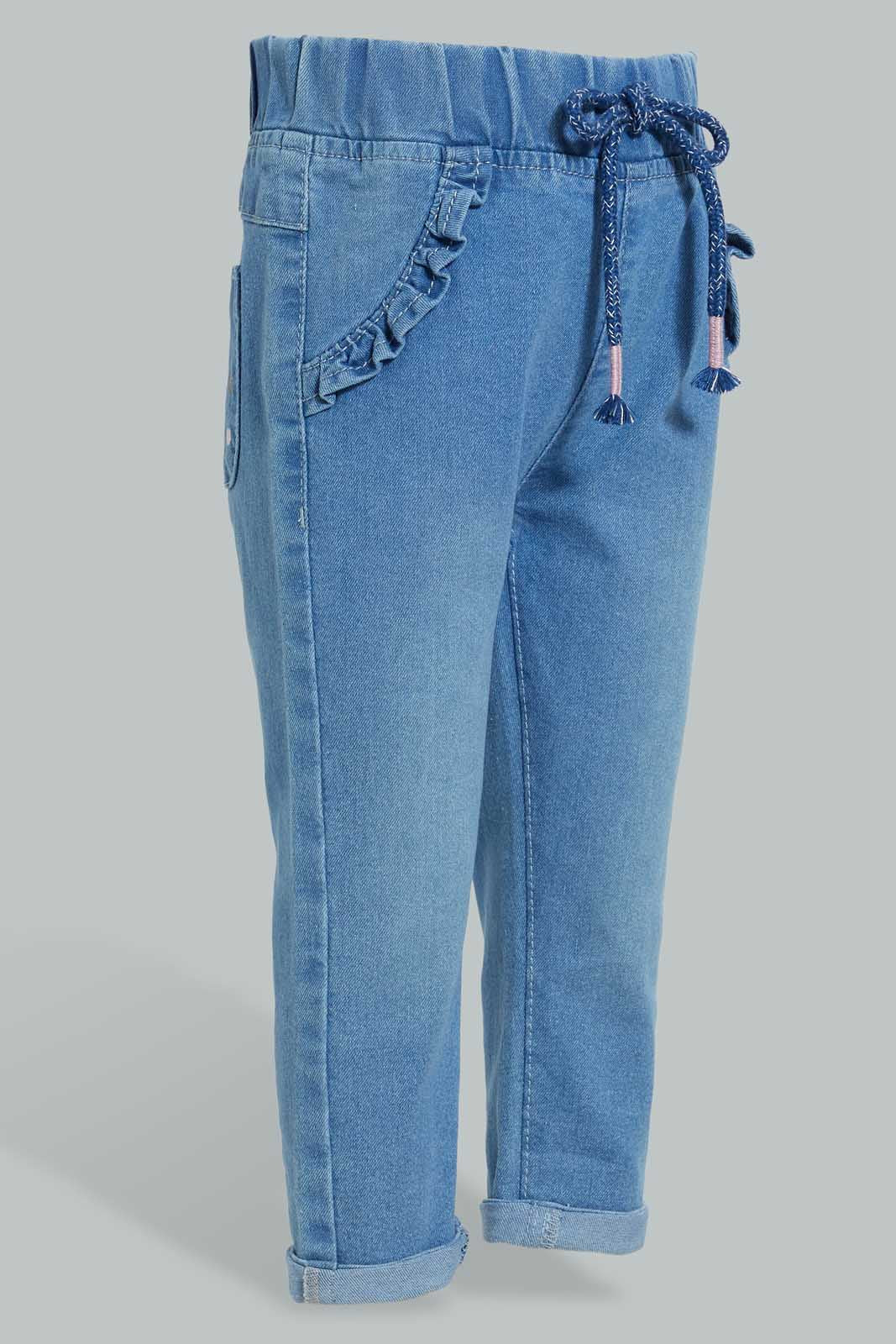 Redtag-Light-Wash-Pull-On-Denim-With-Drawcord-Details-Jeans-Slim-Fit-Infant-Girls-3 to 24 Months