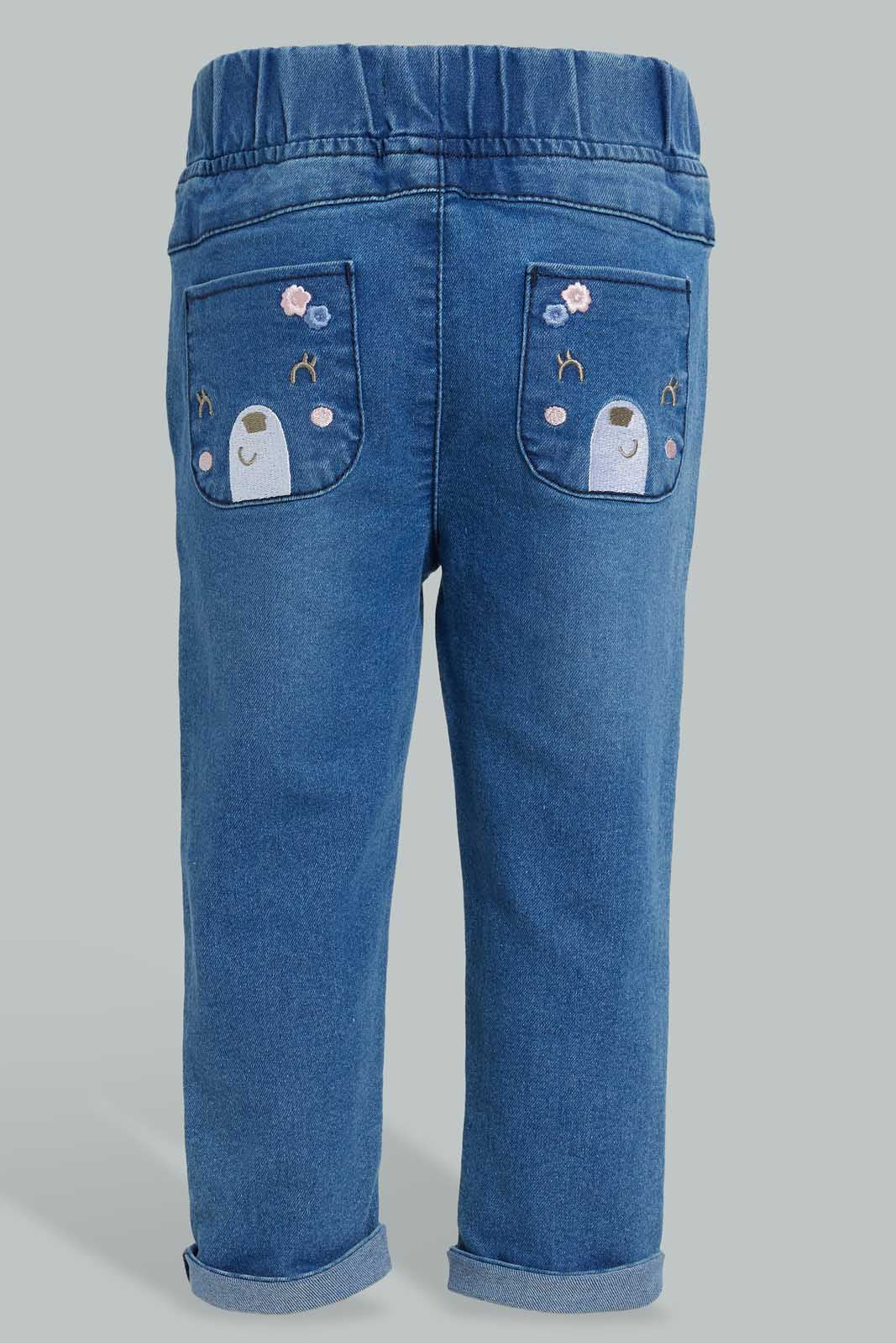 Redtag-Indigo-Pull-On-Denim-With-Drawcord-Details-Jeans-Slim-Fit-Infant-Girls-3 to 24 Months