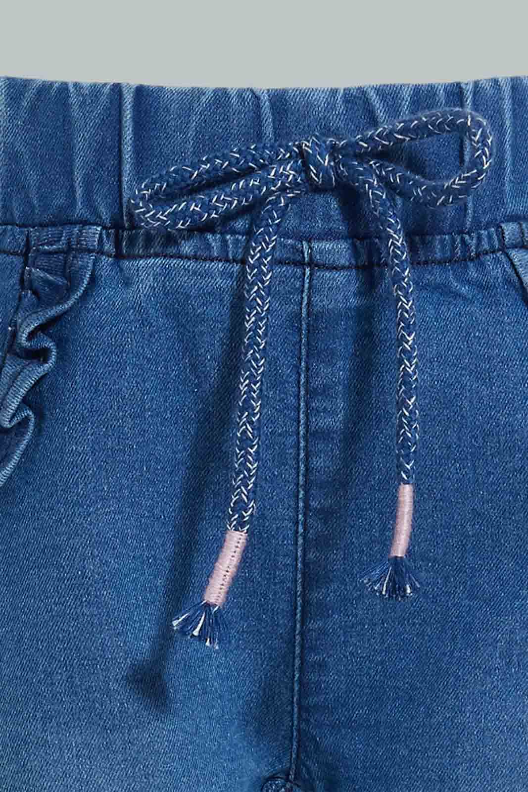 Redtag-Indigo-Pull-On-Denim-With-Drawcord-Details-Jeans-Slim-Fit-Infant-Girls-3 to 24 Months