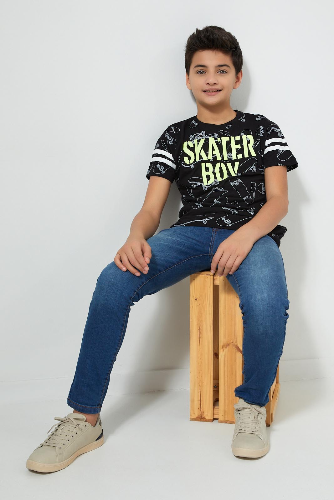 Redtag-Black-Allover-Print-T-Shirt-All-Over-Prints-Senior-Boys-9 to 14 Years