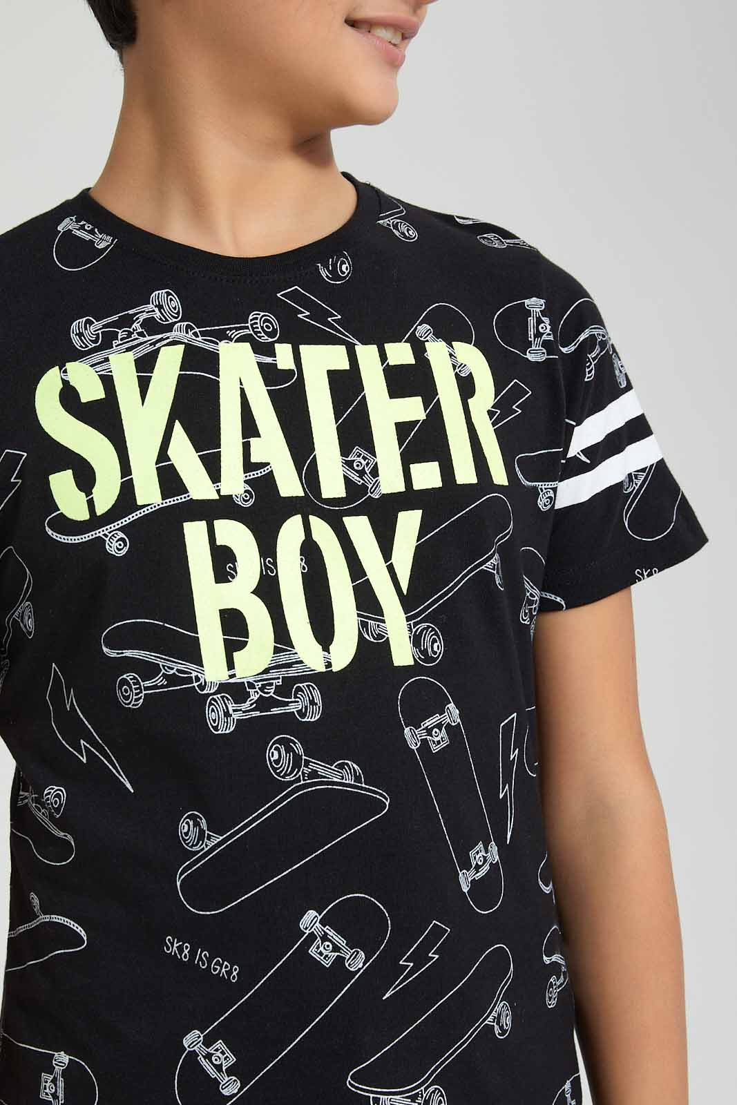 Redtag-Black-Allover-Print-T-Shirt-All-Over-Prints-Senior-Boys-9 to 14 Years