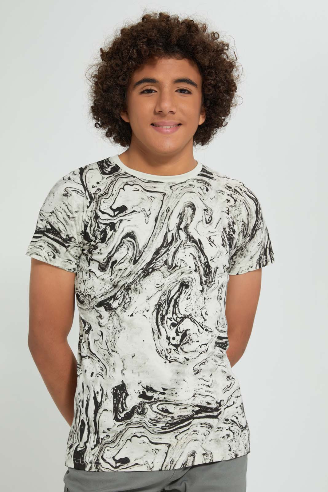 Redtag-Grey-Mel-Allover-Print-T-Shirt-All-Over-Prints-Senior-Boys-9 to 14 Years
