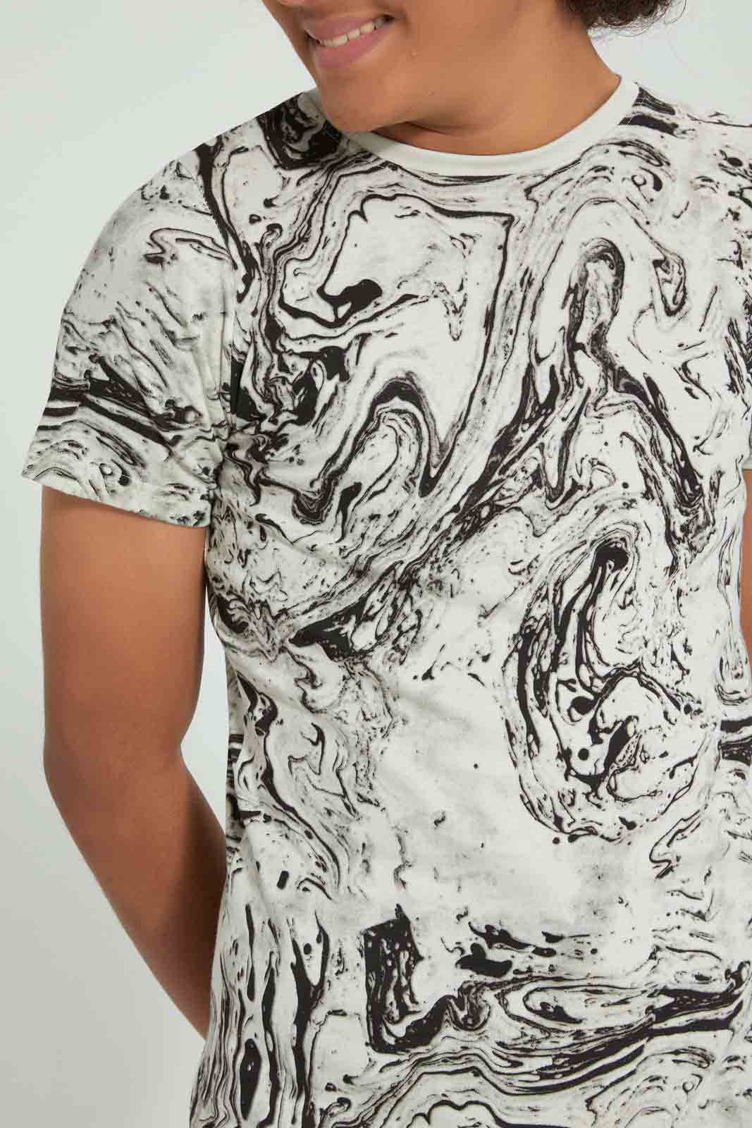 Redtag-Grey-Mel-Allover-Print-T-Shirt-All-Over-Prints-Senior-Boys-9 to 14 Years