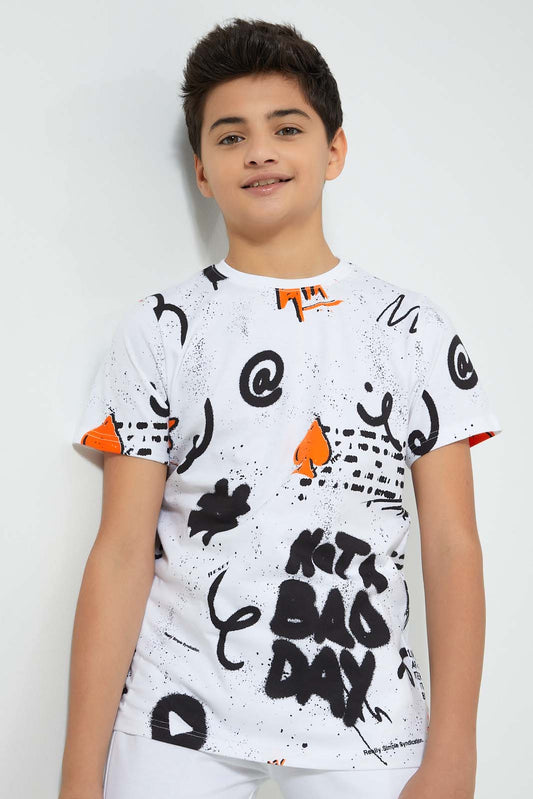 Redtag-White-Allover-Print-T-Shirt-All-Over-Prints-Senior-Boys-9 to 14 Years