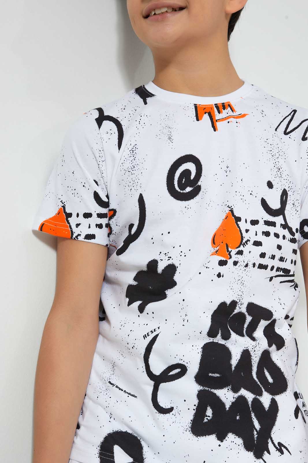 Redtag-White-Allover-Print-T-Shirt-All-Over-Prints-Senior-Boys-9 to 14 Years
