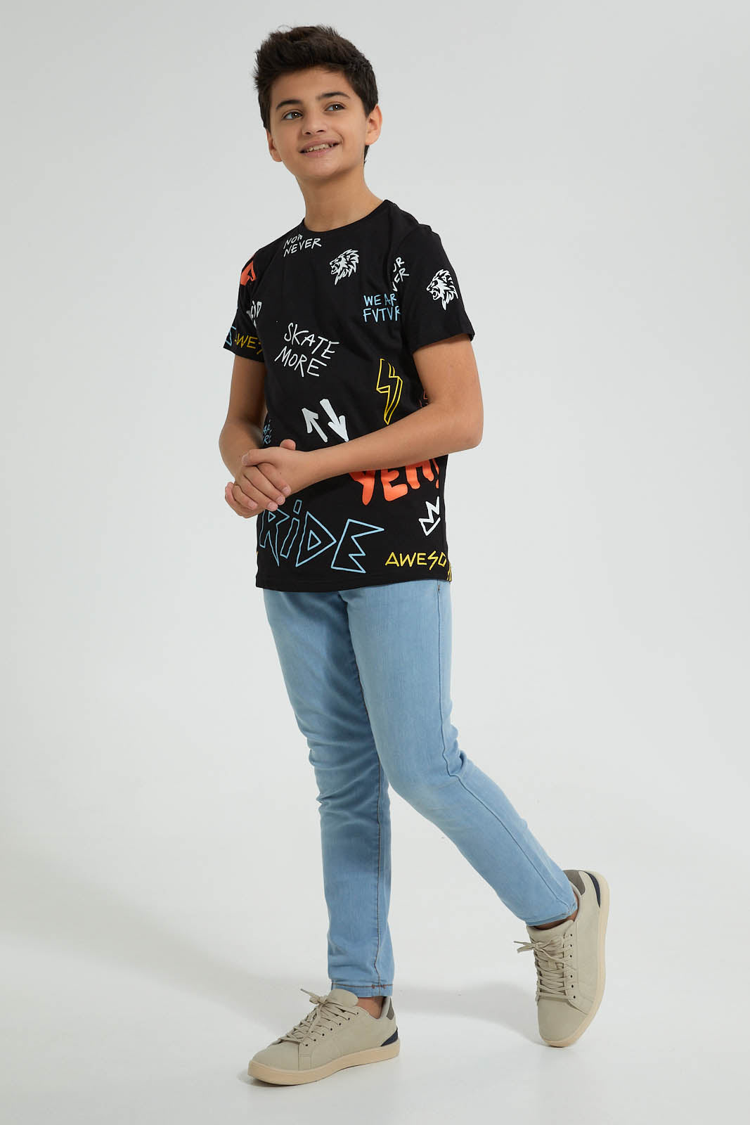 Redtag-Black-Allover-Print-T-Shirt-All-Over-Prints-Senior-Boys-9 to 14 Years