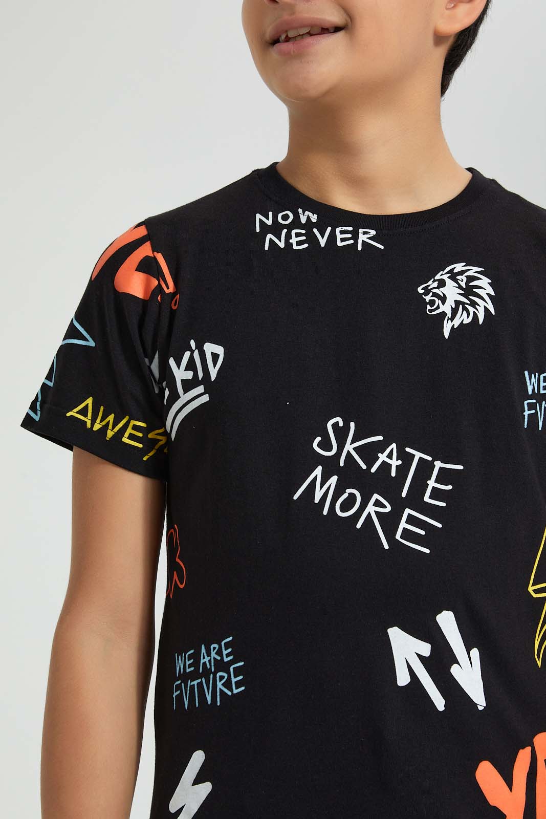 Redtag-Black-Allover-Print-T-Shirt-All-Over-Prints-Senior-Boys-9 to 14 Years