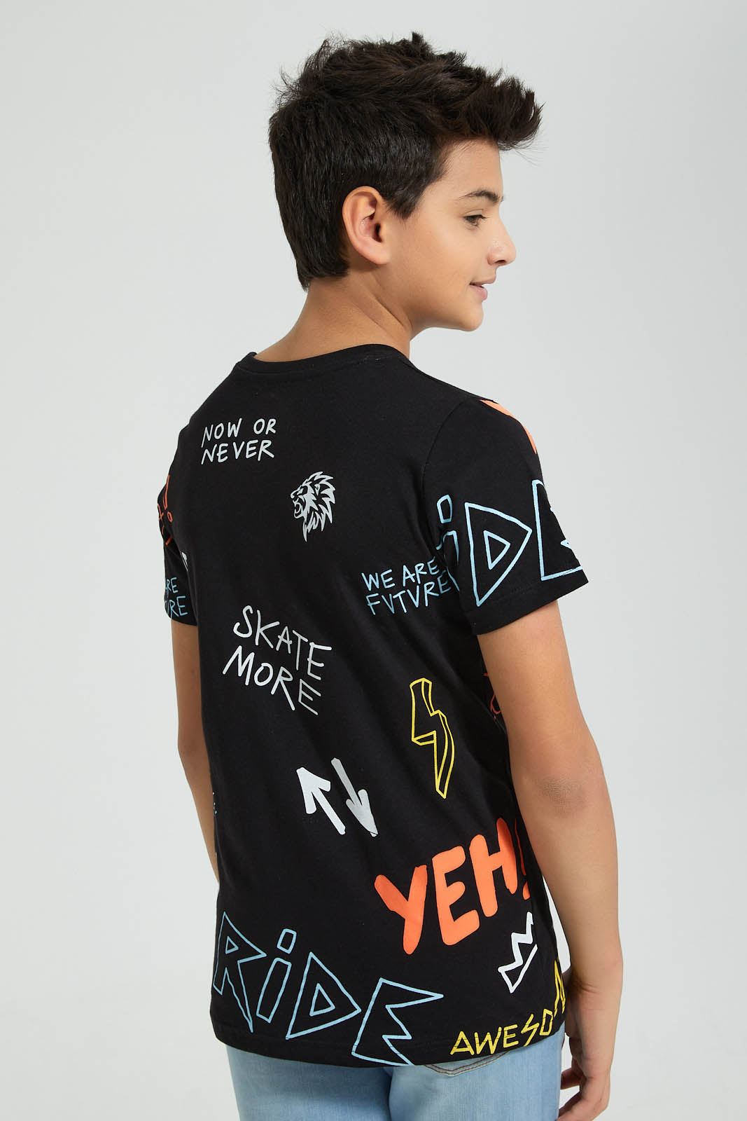 Redtag-Black-Allover-Print-T-Shirt-All-Over-Prints-Senior-Boys-9 to 14 Years