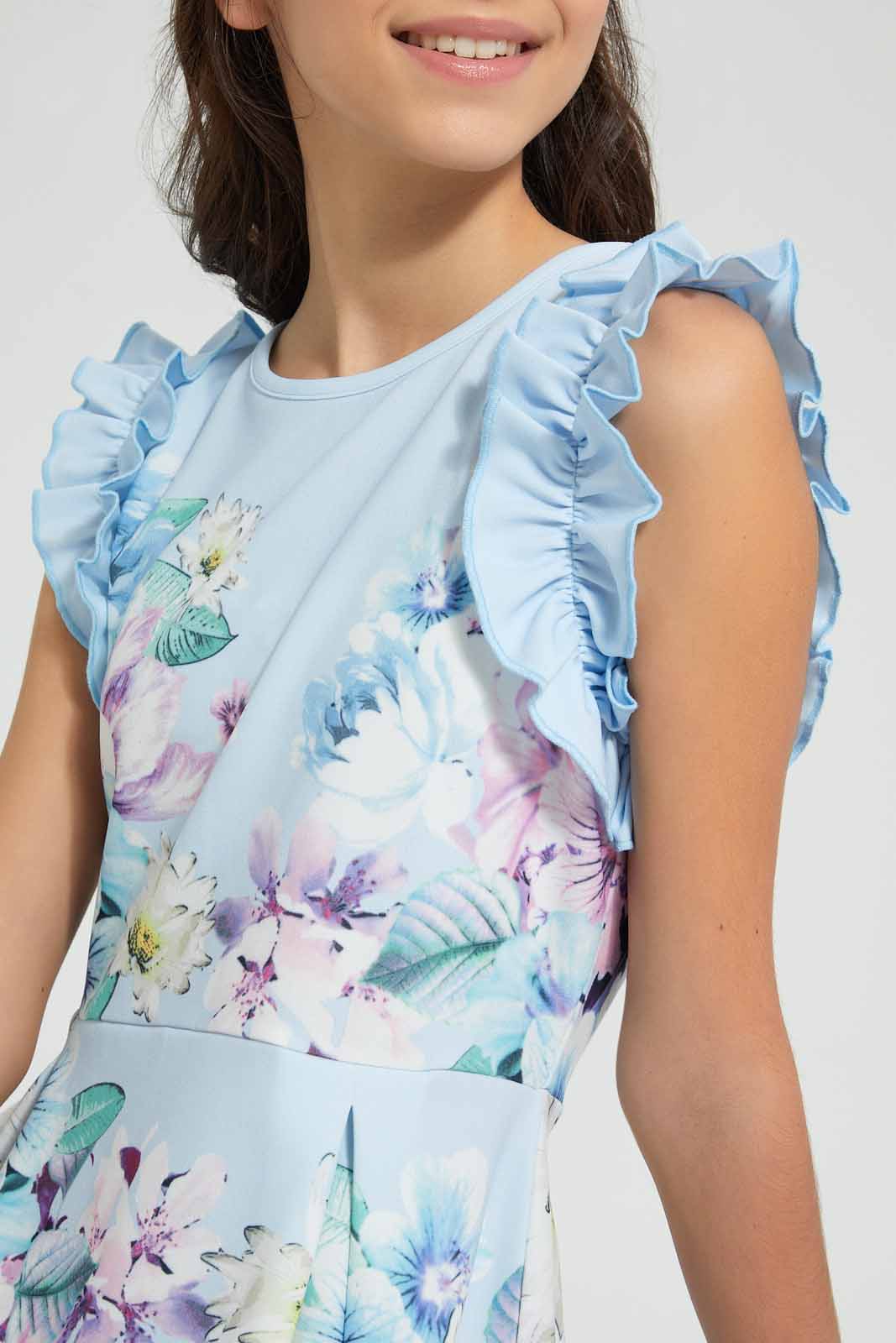 Redtag-Lt-Blue-Floral-Ruffled-Sleeve-Dress-Dresses-Senior-Girls-9 to 14 Years