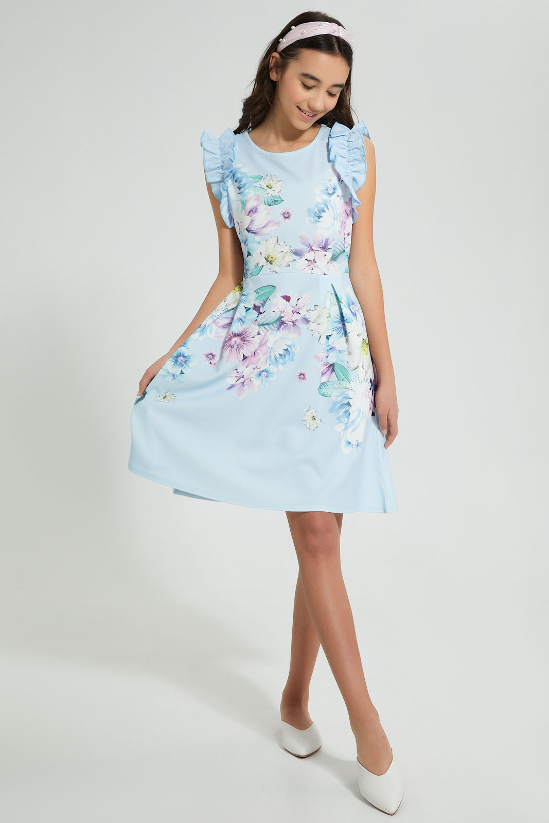 Redtag-Lt-Blue-Floral-Ruffled-Sleeve-Dress-Dresses-Senior-Girls-9 to 14 Years