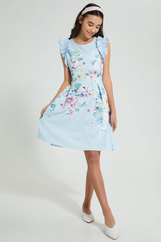 Redtag-Lt-Blue-Floral-Ruffled-Sleeve-Dress-Dresses-Senior-Girls-9 to 14 Years