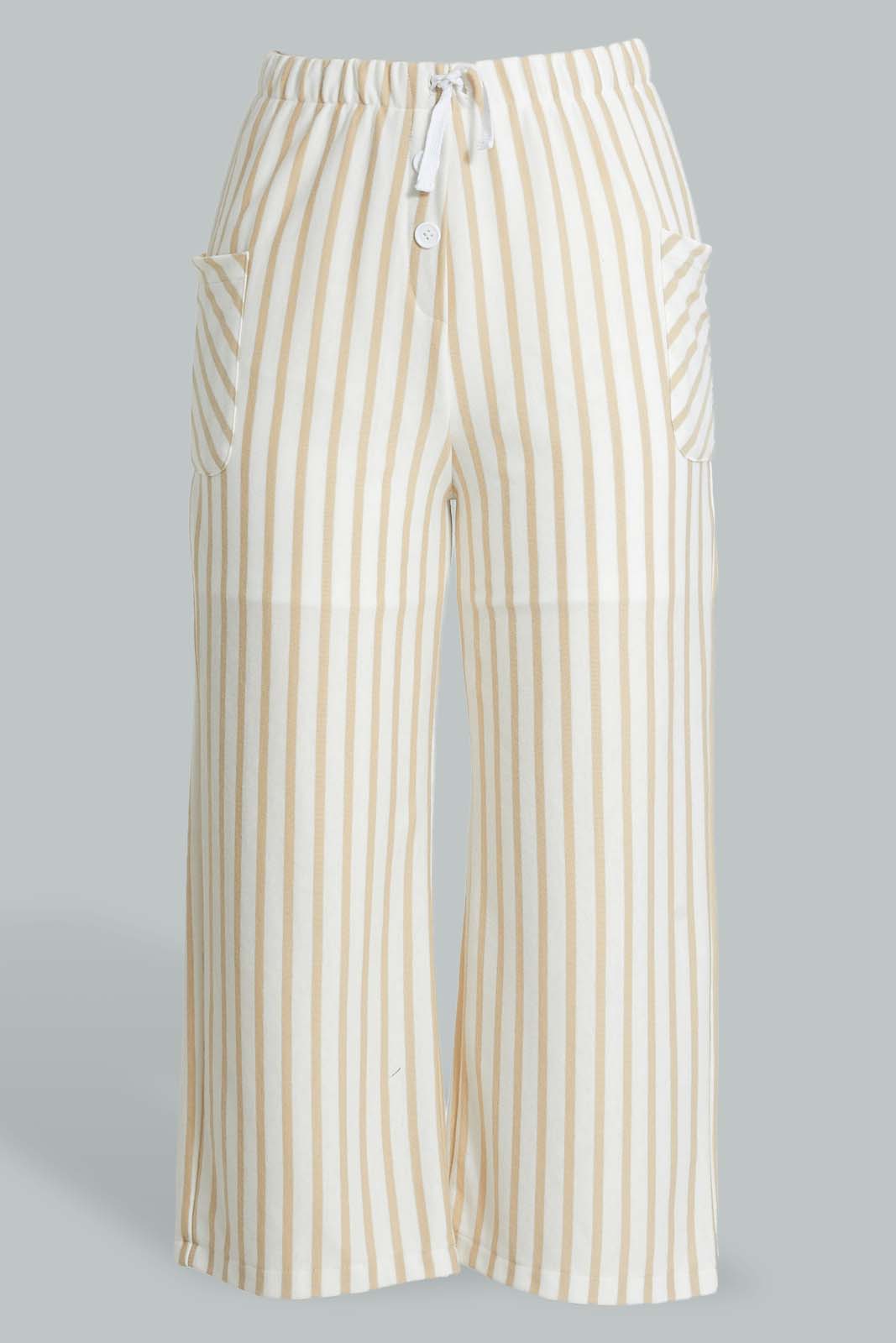 Redtag-White/Beige-Stripe-Knitted-Culottes-Trousers-Senior-Girls-9 to 14 Years