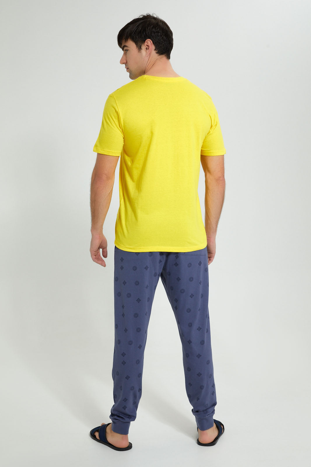 Redtag-Yellow-T-Shirt-With-Indigo-Printed-Pyjama-Set-Pyjama-Sets-Men's-
